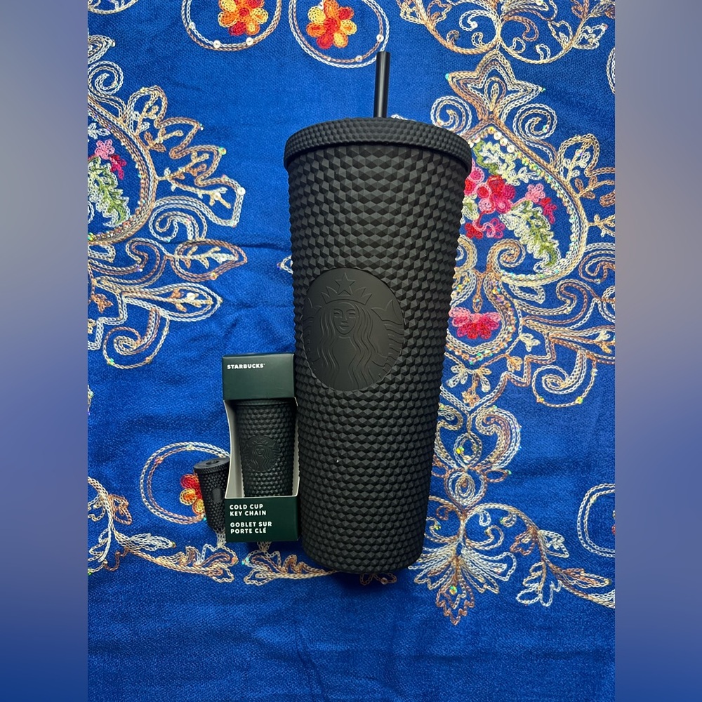 Starbucks Black matte studded tumbler with matching chain and additional 3D cup